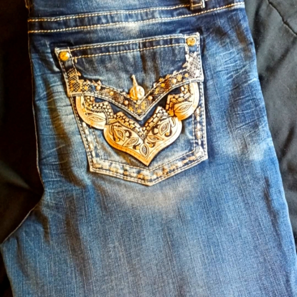 Miss Me Blue Boot Cut Jeans with Ornate Embellishments